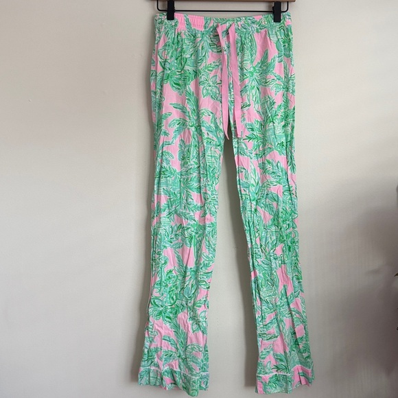 Lilly Pulitzer pink green palm tree print pajama bottom pants elastic waist XS - Picture 1 of 5